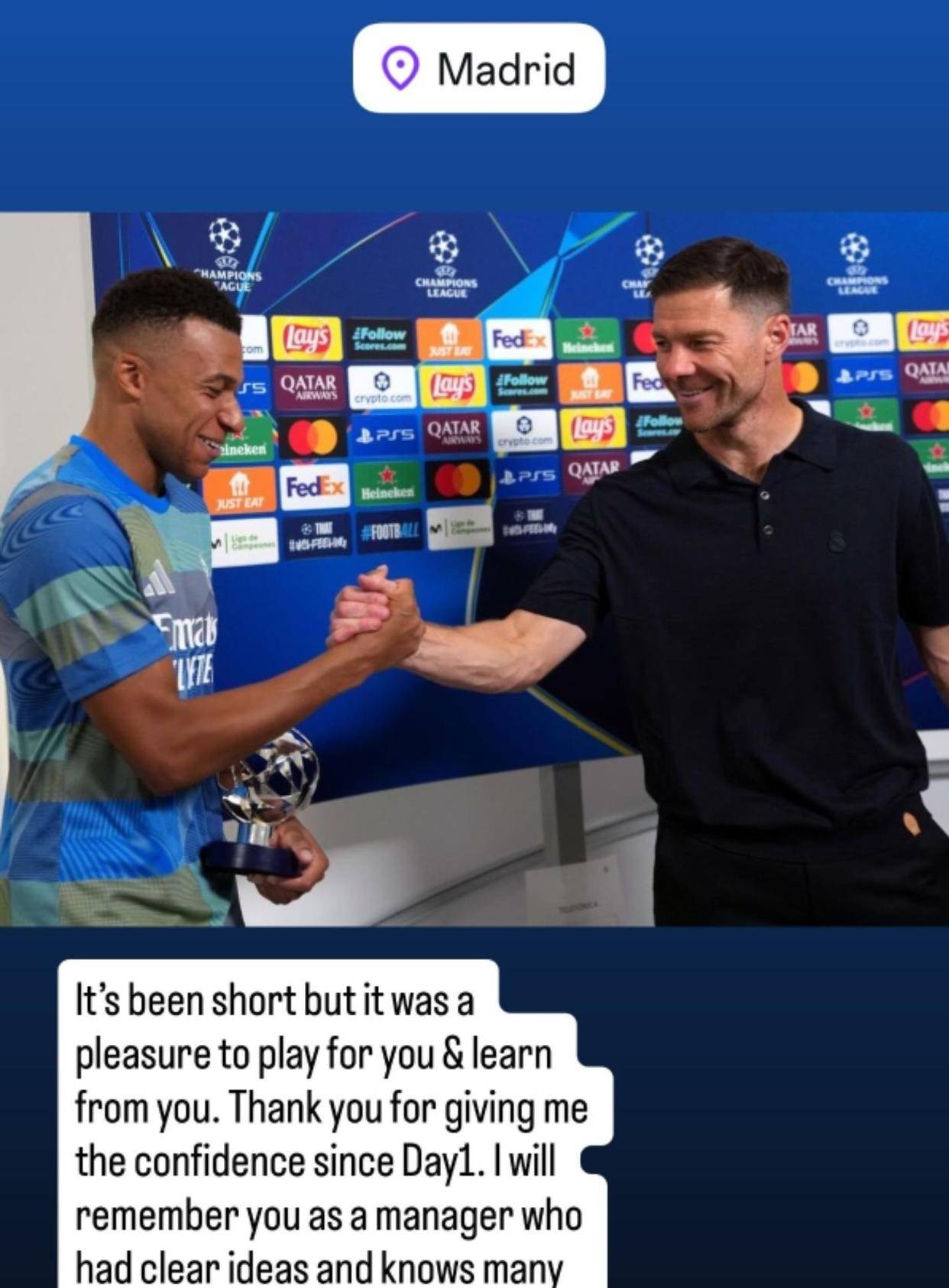 皇马又换主教练了！姆巴佩祝福阿隆索：为您效力很荣幸